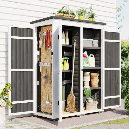 Wood Hx4.1ft Lockable Doors, 5.5ft exterior Asphalt Cabinet Garden White with Four and Roof, L Tool Shed, Multiple-tier Storage Waterproof Shelves, Gray
