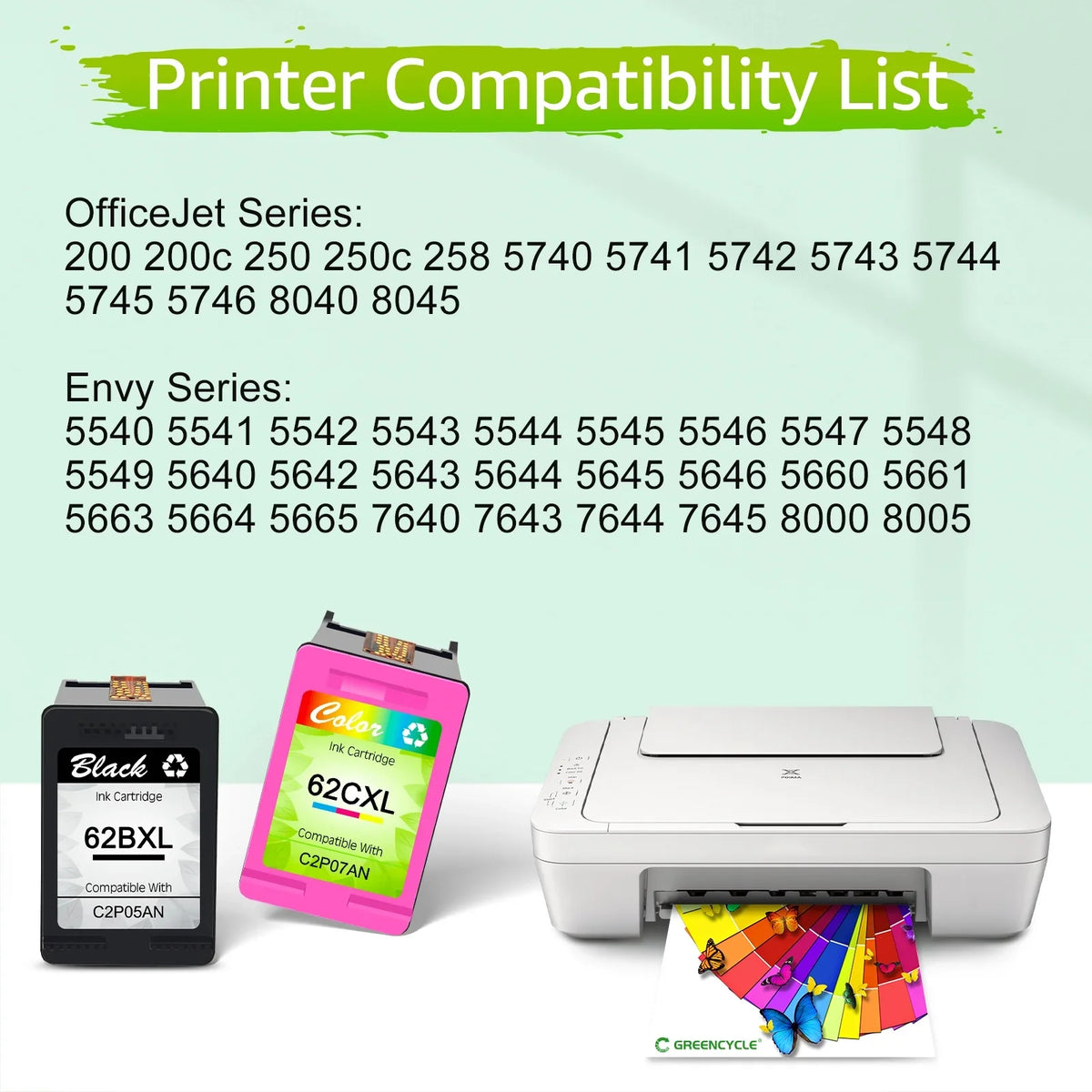 5540 Cartridges Ink (2 200 Tri-Color) 5740 5660 Replacement XL Compatible 62 62XL 8040 High with 7644 GREENCYCLE 7645 Yield OfficeJet 5640 Envy for 250 OfficeJet HP