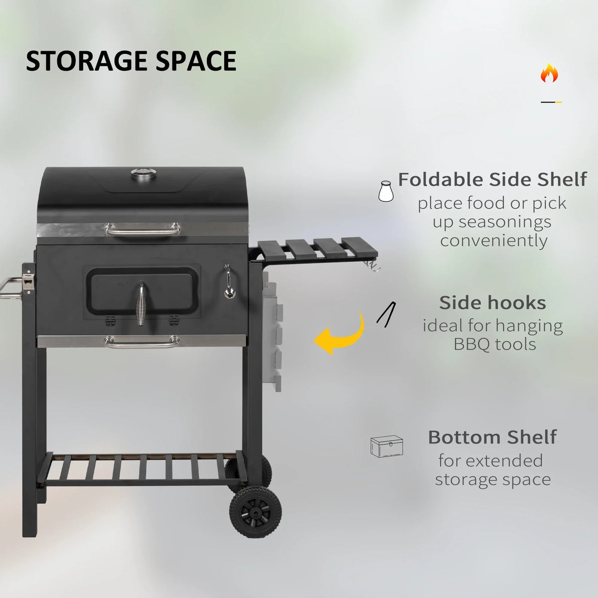 Wheels Portable Bottom Camping Or with Storage Homiyad Cooker for Handle, Charcoal Side Grill, Table, exterior and BBQ Picnic Backyard Shelf, Black