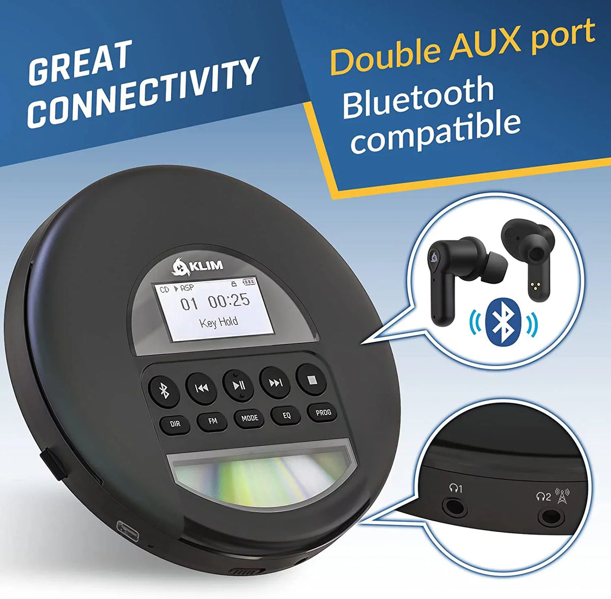 Battery, Radio, Black CD KLIM Good) Card, AM Rechargeable MP3, (Refurbished: Discman Fusion Nomad with Bluetooth- Ideal for Portable TF Headphones, Player Pre-Owned FM Cars,