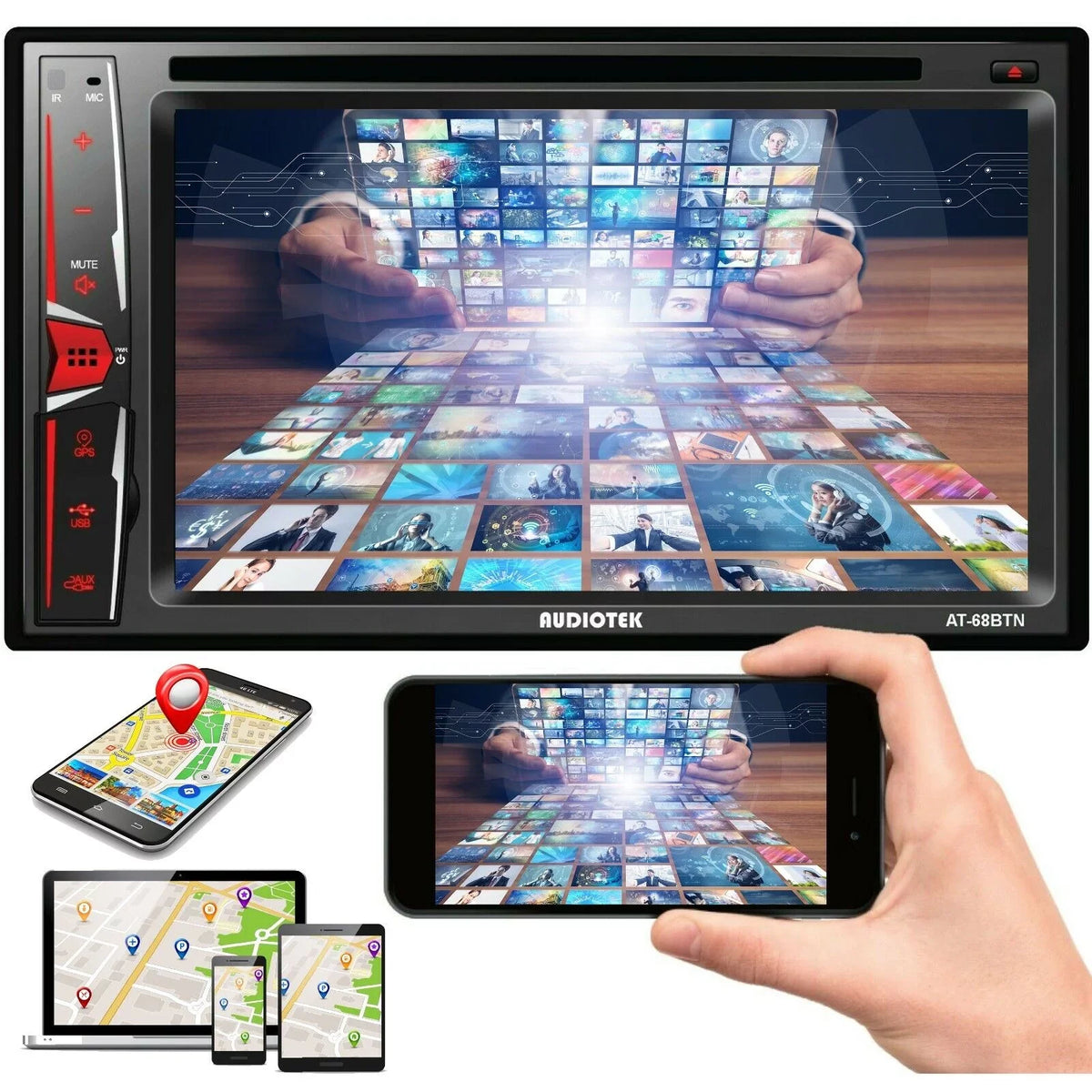 Link+ Touch AT-68BTN 6.2" Rear Plate Camera Radio License Mirror Screen Bundle Audiotek