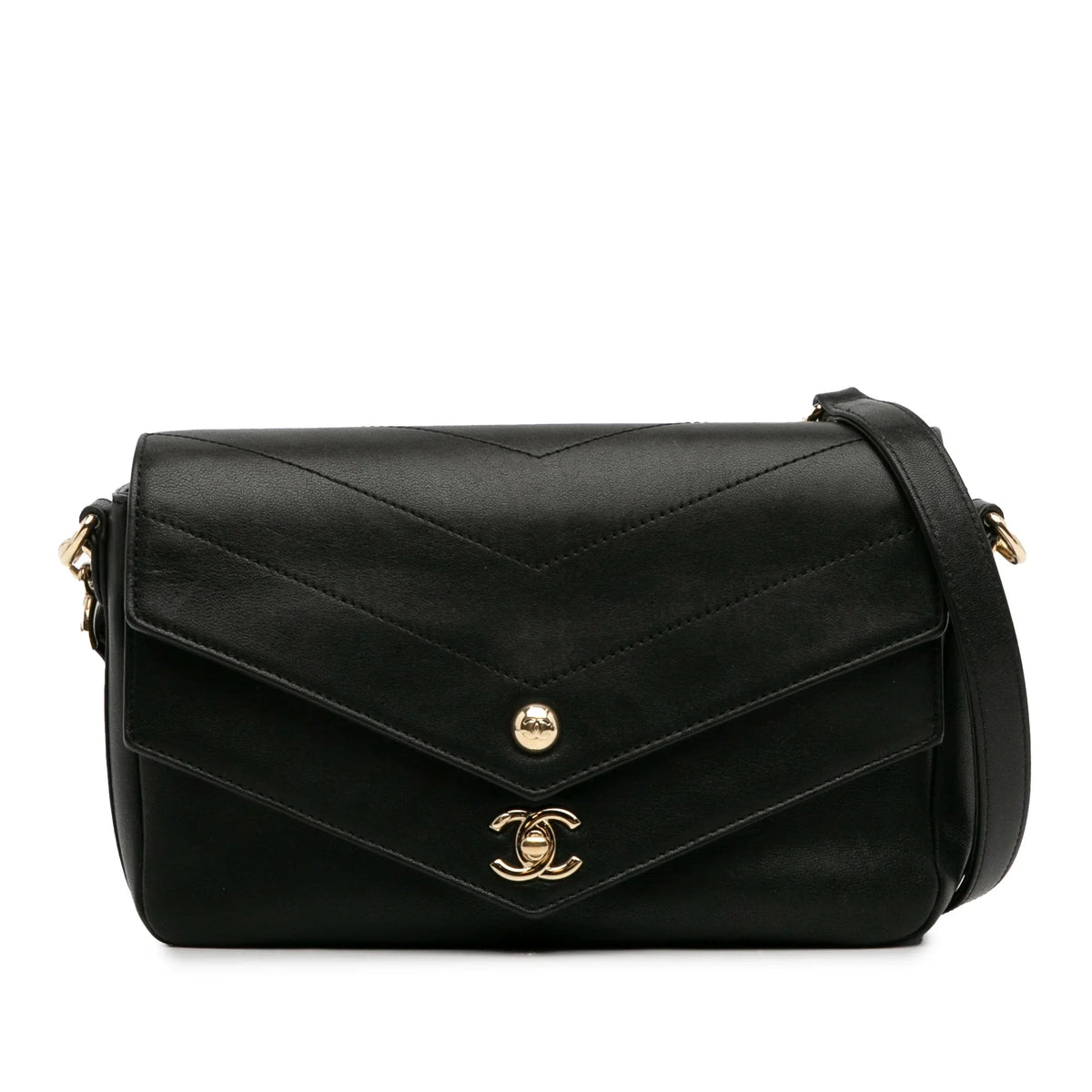 Calf Satchel Double Chevron Authenticated Black Leather (Good) Elaphe Flap Unisex Pre-Owned skin