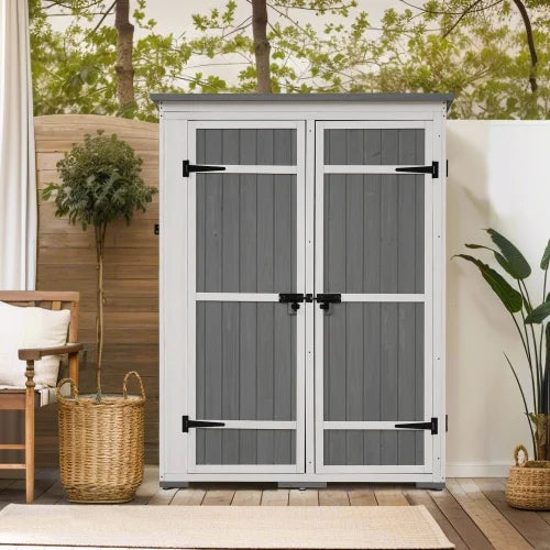 Wood Hx4.1ft Lockable Doors, 5.5ft exterior Asphalt Cabinet Garden White with Four and Roof, L Tool Shed, Multiple-tier Storage Waterproof Shelves, Gray