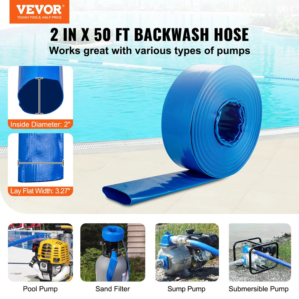 Hose Pool PVC Premium Hose Lay Blue Filter Clamps BENTISM x Discharge 50' and climate Swimming 2'' Resistant Flat Chemical with Backwash